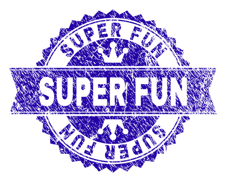 SUPER FUN rosette stamp overlay with grunge style. Designed with round rosette, ribbon and small crowns. Blue vector rubber watermark of SUPER FUN caption with corroded style.のイラスト素材