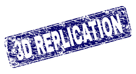 3D REPLICATION stamp seal print with distress texture. Seal shape is a rounded rectangle with frame. Blue vector rubber print of 3D REPLICATION title with grunge texture.のイラスト素材
