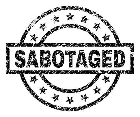 SABOTAGED stamp seal watermark with distress style. Designed with rectangle, circles and stars. Black vector rubber print of SABOTAGED title with corroded texture.のイラスト素材