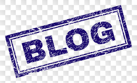 BLOG stamp seal imprint with rubber print style and double framed rectangle shape. Stamp is placed on a transparent background. Blue vector rubber print of BLOG label with retro texture.のイラスト素材