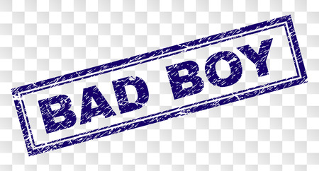 BAD BOY stamp seal print with rubber print style and double framed rectangle shape. Stamp is placed on a transparent background. Blue vector rubber print of BAD BOY title with corroded texture.のイラスト素材