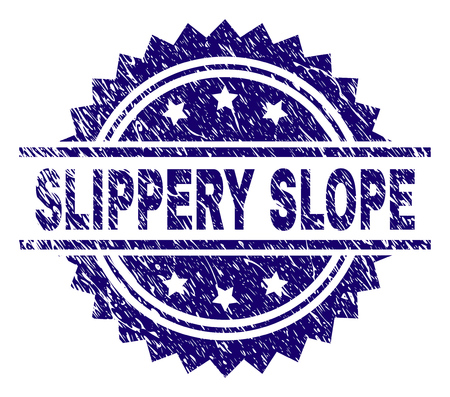 SLIPPERY SLOPE stamp seal watermark with distress style. Blue vector rubber print of SLIPPERY SLOPE title with retro texture.のイラスト素材