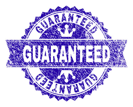 GUARANTEED rosette seal imprint with grunge texture. Designed with round rosette, ribbon and small crowns. Blue vector rubber watermark of GUARANTEED title with grunge texture.のイラスト素材