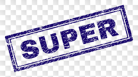 SUPER stamp seal print with rubber print style and double framed rectangle shape. Stamp is placed on a transparent background. Blue vector rubber print of SUPER text with scratched texture.のイラスト素材
