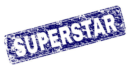 SUPERSTAR stamp seal print with grunge texture. Seal shape is a rounded rectangle with frame. Blue vector rubber print of SUPERSTAR label with unclean texture.のイラスト素材