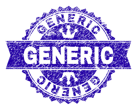 GENERIC rosette stamp seal watermark with distress style. Designed with round rosette, ribbon and small crowns. Blue vector rubber watermark of GENERIC tag with scratched texture.のイラスト素材