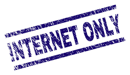 INTERNET ONLY seal watermark with scratced style. Blue vector rubber print of INTERNET ONLY text with dust texture. Text label is placed between parallel lines.のイラスト素材