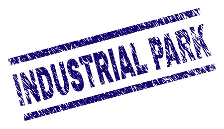 INDUSTRIAL PARK seal imprint with grunge style. Blue vector rubber print of INDUSTRIAL PARK label with scratched texture. Text label is placed between parallel lines.のイラスト素材