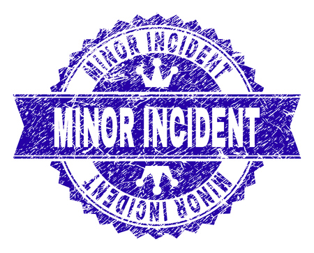 MINOR INCIDENT rosette stamp seal imitation with grunge texture. Designed with round rosette, ribbon and small crowns. Blue vector rubber watermark of MINOR INCIDENT title with grunge texture.のイラスト素材