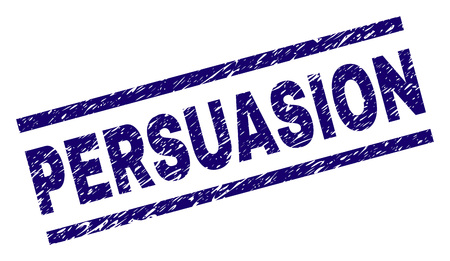 PERSUASION seal print with scratced style. Blue vector rubber print of PERSUASION title with dust texture. Text title is placed between parallel lines.のイラスト素材