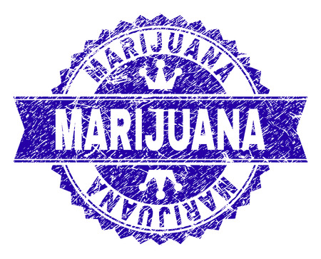 MARIJUANA rosette stamp seal imprint with grunge texture. Designed with round rosette, ribbon and small crowns. Blue vector rubber print of MARIJUANA tag with grunge texture.のイラスト素材