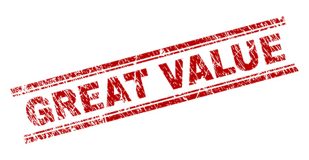 GREAT VALUE seal watermark with grunge texture. Red vector rubber print of GREAT VALUE label with dust texture. Text label is placed between double parallel lines.のイラスト素材