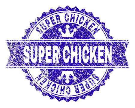 SUPER CHICKEN rosette seal imitation with distress texture. Designed with round rosette, ribbon and small crowns. Blue vector rubber print of SUPER CHICKEN label with scratched texture.のイラスト素材