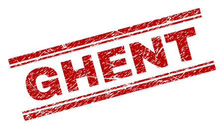 GHENT seal print with corroded texture. Red vector rubber print of GHENT tag with scratched texture. Text tag is placed between double parallel lines.のイラスト素材
