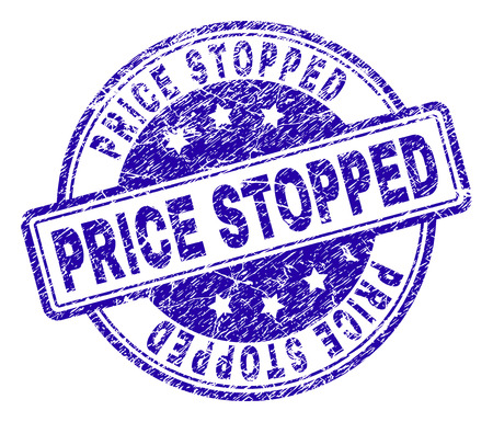 PRICE STOPPED stamp seal watermark with distress texture. Designed with rounded rectangles and circles. Blue vector rubber print of PRICE STOPPED tag with corroded texture.のイラスト素材