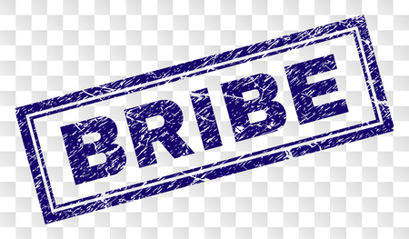 BRIBE stamp seal imprint with rubber print style and double framed rectangle shape. Stamp is placed on a transparent background. Blue vector rubber print of BRIBE caption with dust texture.のイラスト素材
