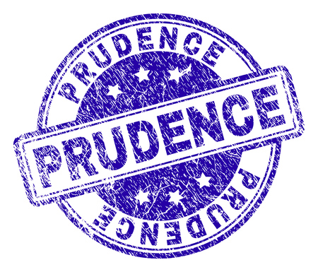 PRUDENCE stamp seal imprint with grunge texture. Designed with rounded rectangles and circles. Blue vector rubber print of PRUDENCE caption with corroded texture.のイラスト素材
