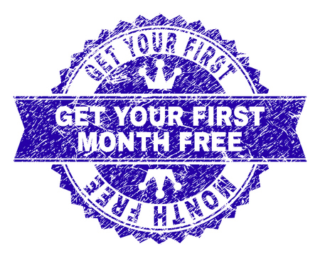 GET YOUR FIRST MONTH FREE rosette seal watermark with grunge style. Designed with round rosette, ribbon and small crowns.のイラスト素材