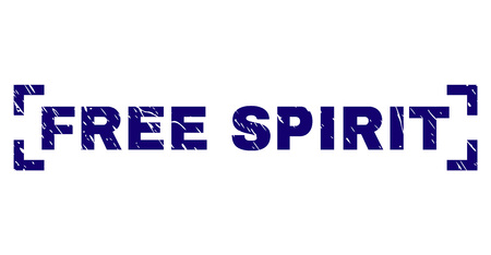 FREE SPIRIT text seal stamp with distress texture. Text caption is placed inside corners. Blue vector rubber print of FREE SPIRIT with unclean texture.のイラスト素材