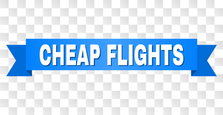 CHEAP FLIGHTS text on a ribbon. Designed with white title and blue stripe. Vector banner with CHEAP FLIGHTS tag on a transparent background.のイラスト素材