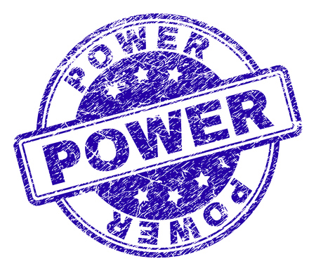POWER stamp seal imprint with distress texture. Designed with rounded rectangles and circles. Blue vector rubber print of POWER caption with corroded texture.のイラスト素材