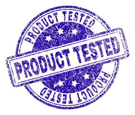 PRODUCT TESTED stamp seal watermark with grunge texture. Designed with rounded rectangles and circles. Blue vector rubber print of PRODUCT TESTED title with dirty texture.のイラスト素材