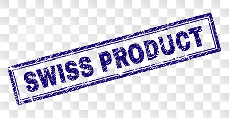 SWISS PRODUCT stamp seal print with scratched style and double framed rectangle shape. Stamp is placed on a transparent background.のイラスト素材