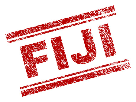 FIJI seal print with grunge style. Red vector rubber print of FIJI caption with unclean texture. Text title is placed between double parallel lines.のイラスト素材