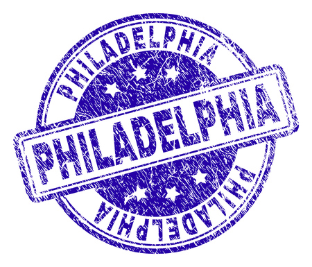 PHILADELPHIA stamp seal watermark with grunge texture. Designed with rounded rectangles and circles. Blue vector rubber print of PHILADELPHIA text with dust texture.のイラスト素材