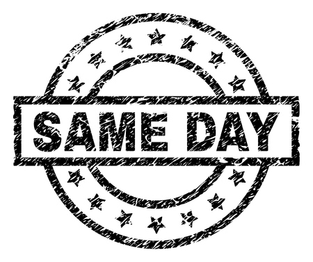 SAME DAY stamp seal watermark with distress style. Designed with rectangle, circles and stars. Black vector rubber print of SAME DAY caption with grunge texture.のイラスト素材