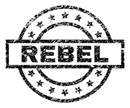 REBEL stamp seal watermark with distress style. Designed with rectangle, circles and stars. Black vector rubber print of REBEL label with retro texture.のイラスト素材