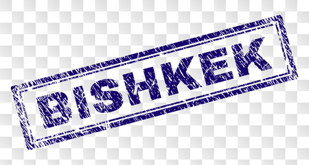 BISHKEK stamp seal print with rubber print style and double framed rectangle shape. Stamp is placed on a transparent background. Blue vector rubber print of BISHKEK title with dust texture.のイラスト素材