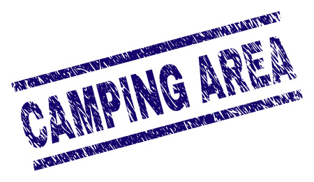 CAMPING AREA seal print with scratced style. Blue vector rubber print of CAMPING AREA title with dust texture. Text label is placed between parallel lines.のイラスト素材