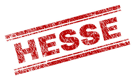 HESSE seal print with grunge texture. Red vector rubber print of HESSE text with grunge texture. Text title is placed between double parallel lines.のイラスト素材
