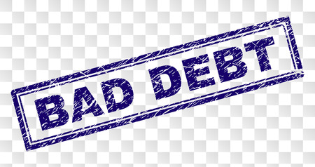 BAD DEBT stamp seal print with rubber print style and double framed rectangle shape. Stamp is placed on a transparent background. Blue vector rubber print of BAD DEBT caption with scratched texture.のイラスト素材
