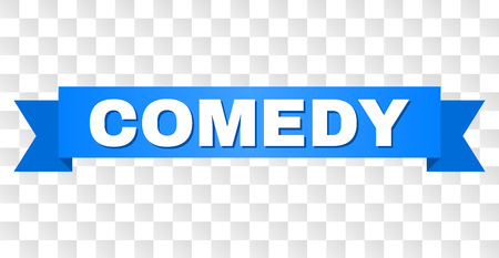 COMEDY text on a ribbon. Designed with white title and blue stripe. Vector banner with COMEDY tag on a transparent background.のイラスト素材