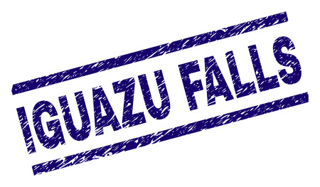 IGUAZU FALLS seal stamp with distress style. Blue vector rubber print of IGUAZU FALLS title with retro texture. Text title is placed between parallel lines.のイラスト素材