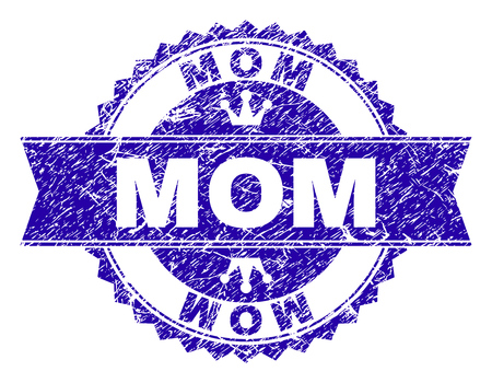 MOM rosette stamp watermark with distress texture. Designed with round rosette, ribbon and small crowns. Blue vector rubber watermark of MOM text with scratched texture.のイラスト素材