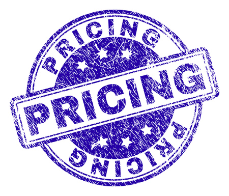 PRICING stamp seal imprint with distress texture. Designed with rounded rectangles and circles. Blue vector rubber print of PRICING caption with retro texture.のイラスト素材