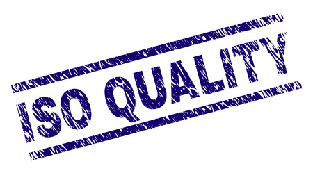 ISO QUALITY seal print with distress style. Blue vector rubber print of ISO QUALITY text with dust texture. Text caption is placed between parallel lines.のイラスト素材