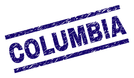 COLUMBIA seal print with scratced style. Blue vector rubber print of COLUMBIA title with dirty texture. Text title is placed between parallel lines.のイラスト素材