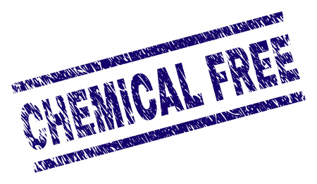 CHEMICAL FREE seal print with distress style. Blue vector rubber print of CHEMICAL FREE title with dust texture. Text title is placed between parallel lines.のイラスト素材
