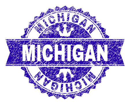 MICHIGAN rosette stamp imprint with grunge texture. Designed with round rosette, ribbon and small crowns. Blue vector rubber print of MICHIGAN tag with dirty texture.のイラスト素材