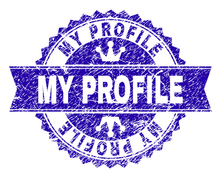 MY PROFILE rosette stamp seal watermark with distress texture. Designed with round rosette, ribbon and small crowns. Blue vector rubber watermark of MY PROFILE label with dirty texture.のイラスト素材