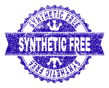 SYNTHETIC FREE rosette seal watermark with grunge style. Designed with round rosette, ribbon and small crowns. Blue vector rubber watermark of SYNTHETIC FREE caption with dust style.のイラスト素材