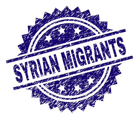 SYRIAN MIGRANTS stamp seal watermark with distress style. Blue vector rubber print of SYRIAN MIGRANTS caption with dust texture.のイラスト素材