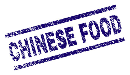 CHINESE FOOD seal imprint with scratced style. Blue vector rubber print of CHINESE FOOD text with retro texture. Text caption is placed between parallel lines.のイラスト素材