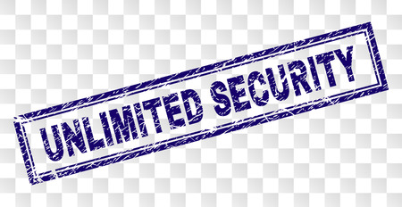 UNLIMITED SECURITY stamp seal print with rubber print style and double framed rectangle shape. Stamp is placed on a transparent background.のイラスト素材