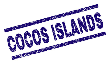 COCOS ISLANDS seal imprint with scratced style. Blue vector rubber print of COCOS ISLANDS title with grunge texture. Text title is placed between parallel lines.のイラスト素材