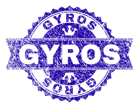 GYROS rosette stamp seal imprint with grunge texture. Designed with round rosette, ribbon and small crowns. Blue vector rubber print of GYROS text with grunge texture.のイラスト素材